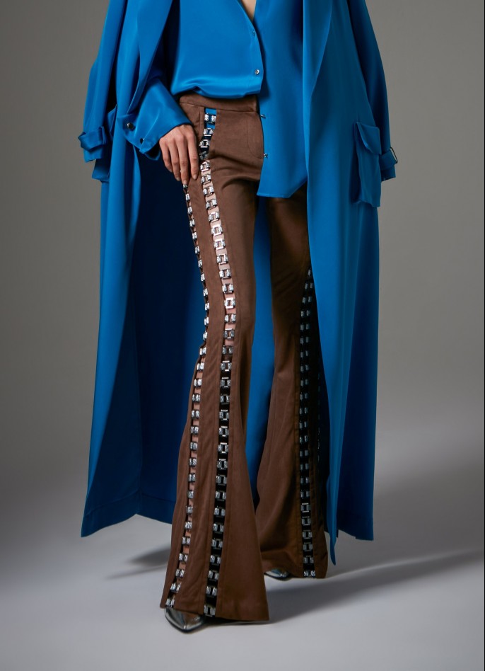 BROWN SUEDE-EFFECT CUT-OUT LOW-WAIST FLARE PANTS